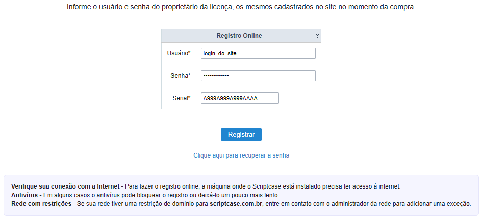 Tela de Registro do online do Scriptcase