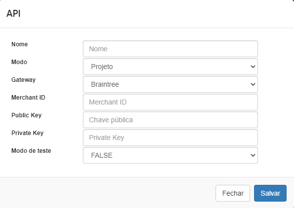 Configuração de pagamento utilizando API Braintree