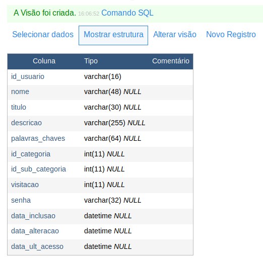 Resultado da criação da view